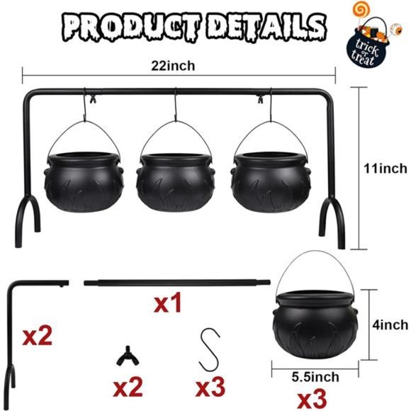 Halloween Witch Cauldron Candy Serving Bowl Hocus Pocus Decor, Set of 3 Black - Picture 3 of 7